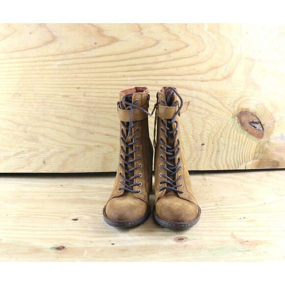 New Born Boots 7 Womens Brown Leather Cass Block Heeled Lace Up Buckle Zip - Picture 2 of 6